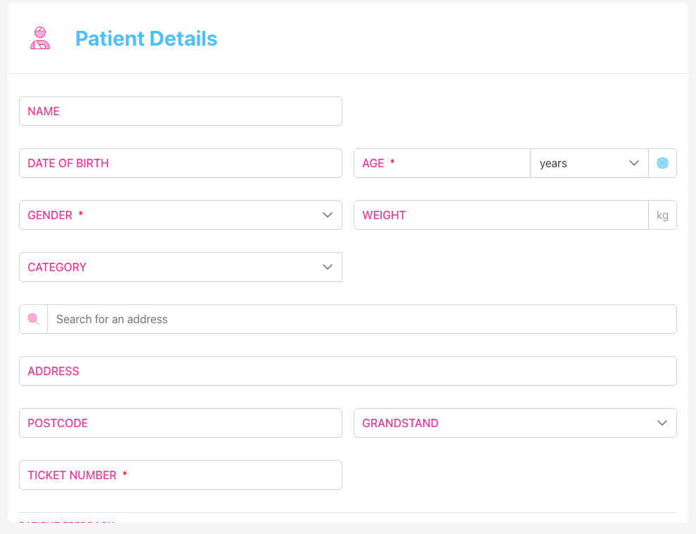 Screenshot: The Patient Details panel showing fields for Name, Date of Birth, Age, Gender, Weight, Address, Postcode, and Email