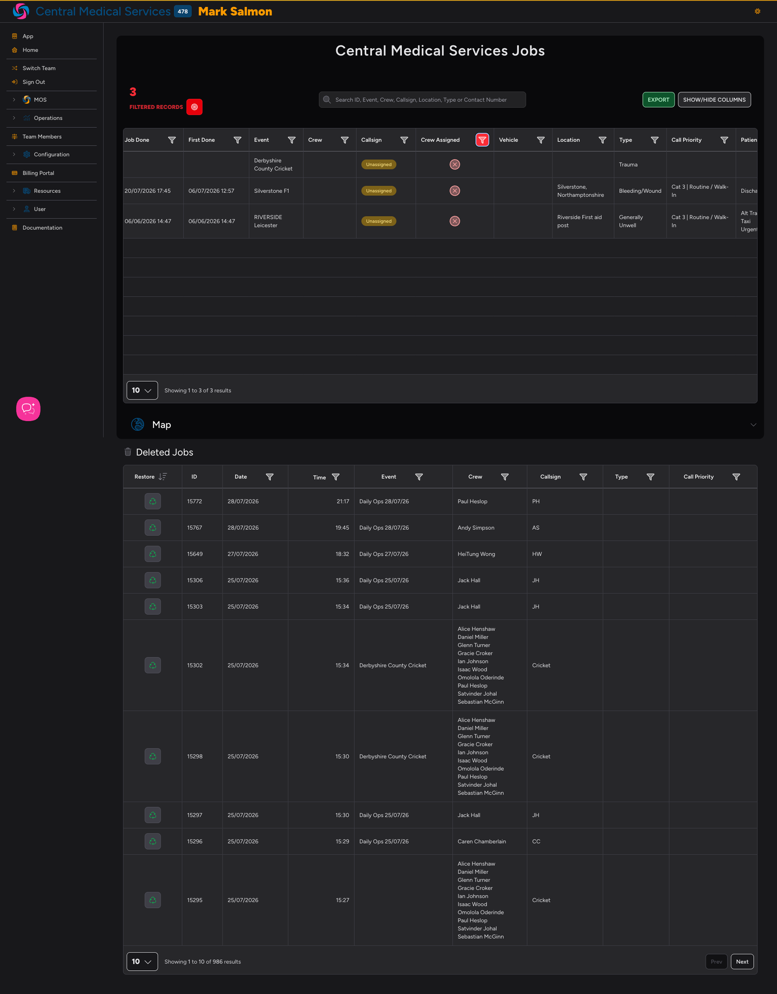 Screenshot: The Browse Jobs table showing a row with the amber "Unassigned" pill in the Crews column, and the Crew Assigned filter set to "No" in the filter panel