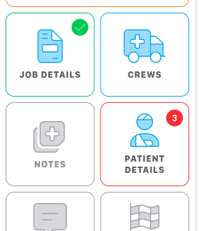 Screenshot: The left-hand navigation panel showing panel buttons with green tick badges on completed panels and a red-bordered button on a panel with missing required fields