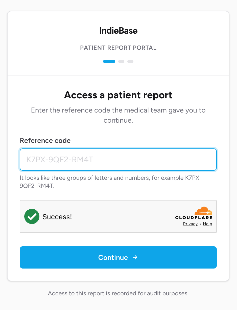 Screenshot: The portal entry page showing the "Access a patient report" heading, the Reference code input field, the Cloudflare Turnstile verification widget, and the Continue button