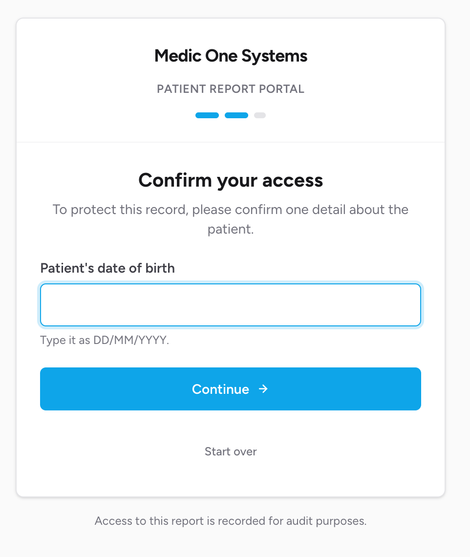 Screenshot: The "Confirm your access" page showing the confirming detail input field, a hint below it, and the Continue button. The team's branding appears at the top of the card.