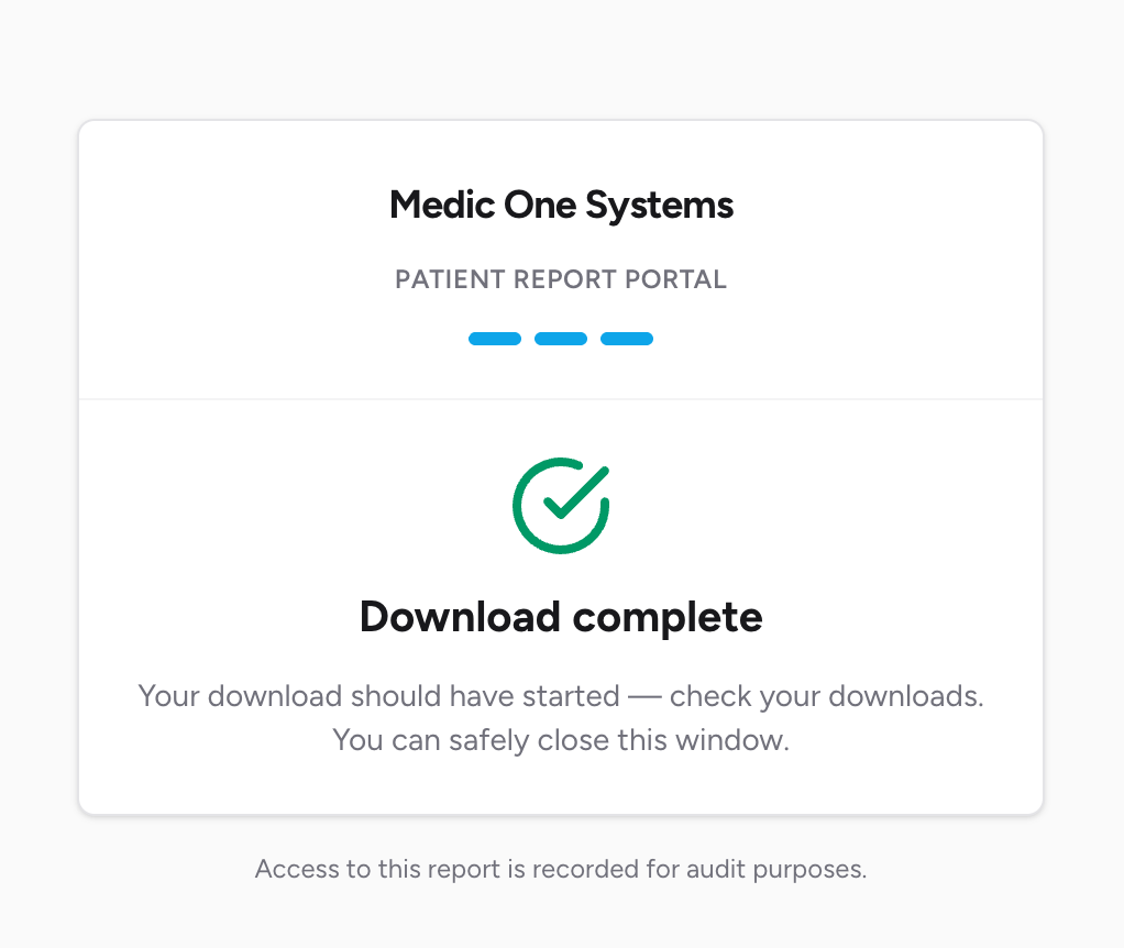 Screenshot: The "Download complete" screen showing a green tick, the "Download complete" heading, and the message "Your download should have started — check your downloads."