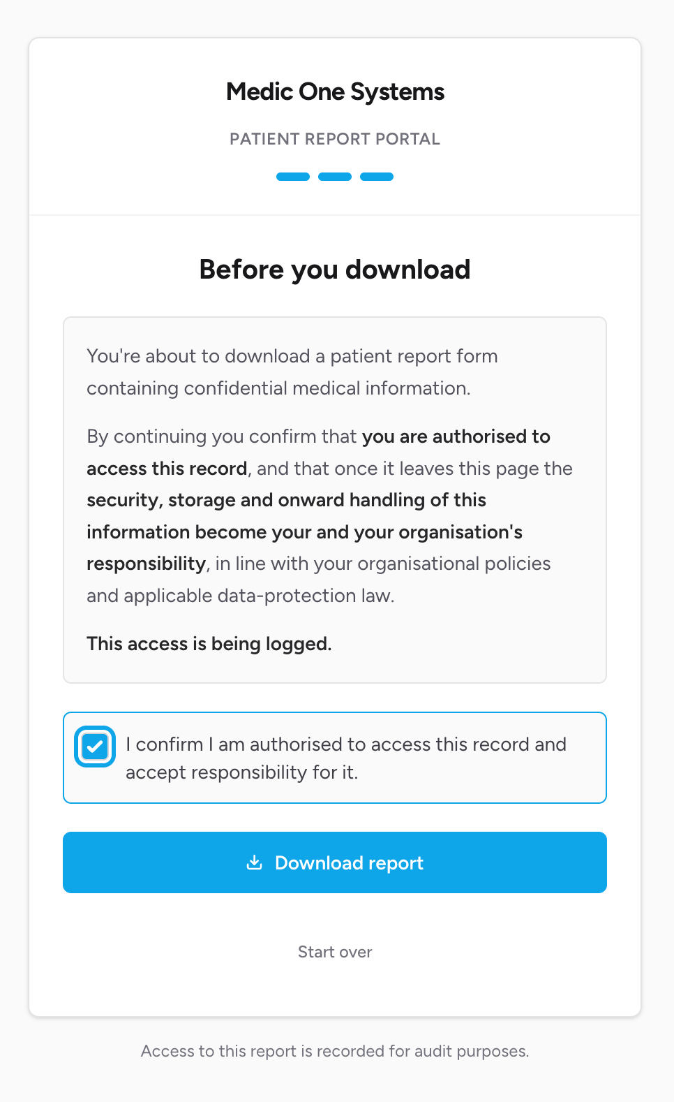 Screenshot: The "Before you download" page showing the disclaimer text, the acknowledgement checkbox, and the Download report button in its disabled state before the checkbox is ticked