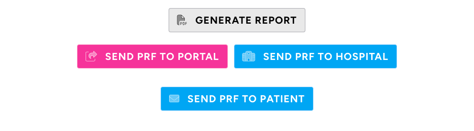 Screenshot: The Patient Reports panel showing the Generate Report button and the Send PRF to Patient button, with a report visible in the grid