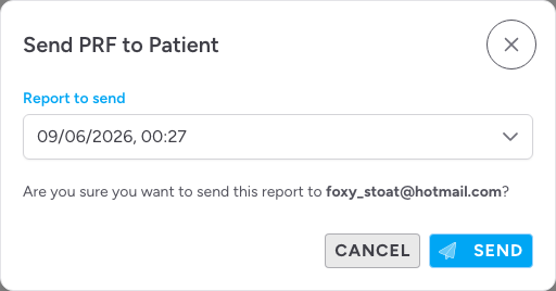 Screenshot: The Send PRF to Patient dialog showing the Report to send dropdown and the confirmation message naming the patient's email address