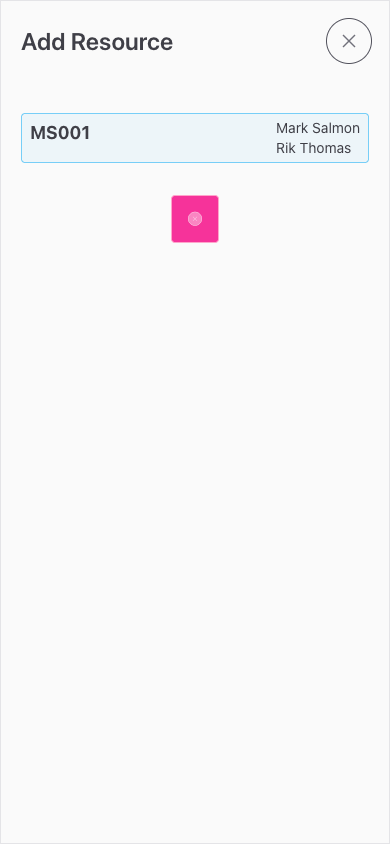 Screenshot: The Add Resource drawer showing available crew cards and individual team member options