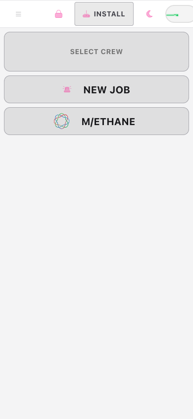 Screenshot: The Jobs screen header showing the crew button in its empty state, labelled SELECT CREW