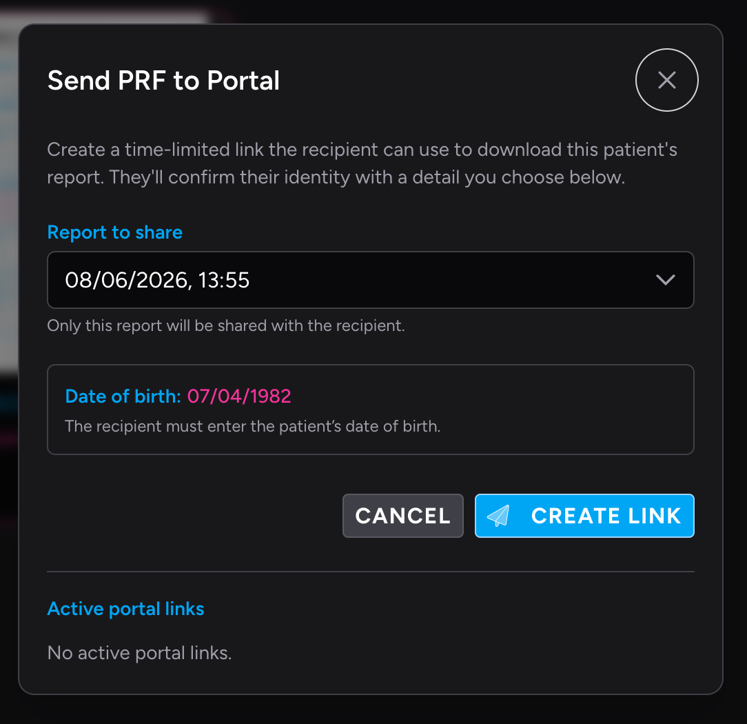 Screenshot: The Send PRF to Portal dialog showing the Report to share dropdown, the confirming detail section, and the Create Link button