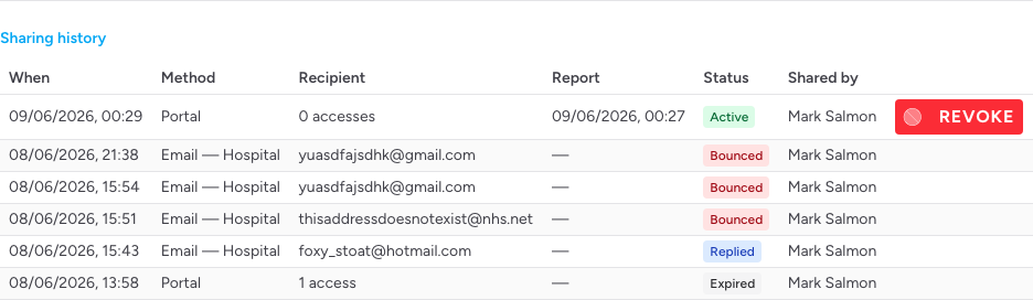 Screenshot: The Sharing history table showing a Portal row with method "Portal", recipient "1 access", status badge, shared-by name, and the Revoke button